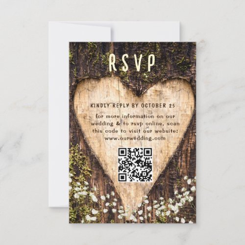 Wood Bark Heart Rustic Wedding QR code RSVP Card