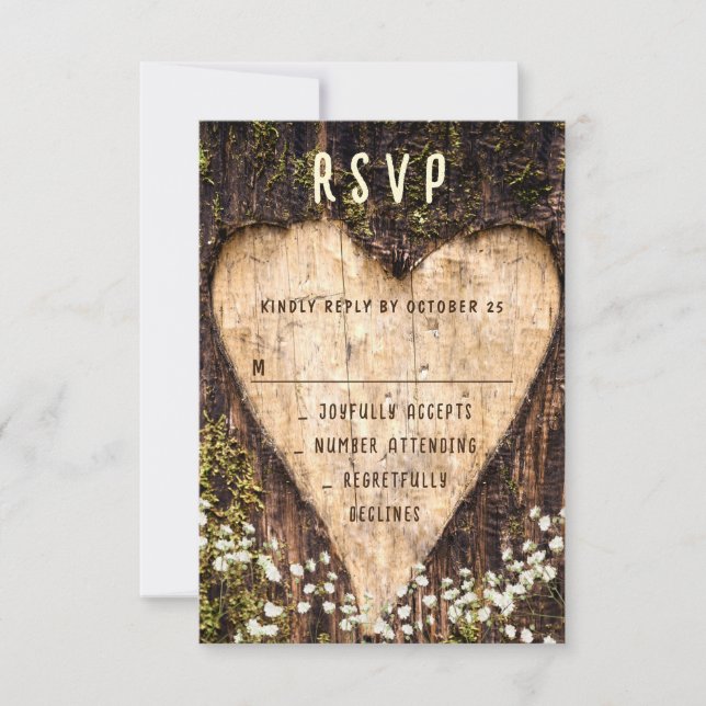 Wood Bark Heart Rustic Wedding RSVP Card (Front)