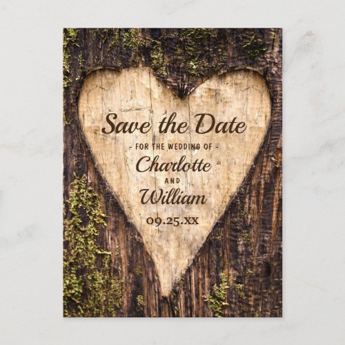 Wood Bark Heart Rustic Wedding Save The Date Postcard