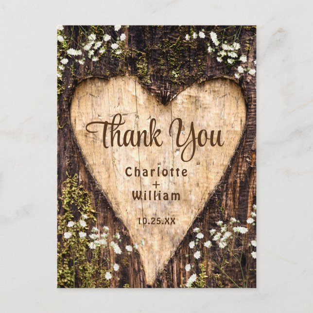 Wood Bark Heart Rustic Wedding Thank You Postcard (Front)