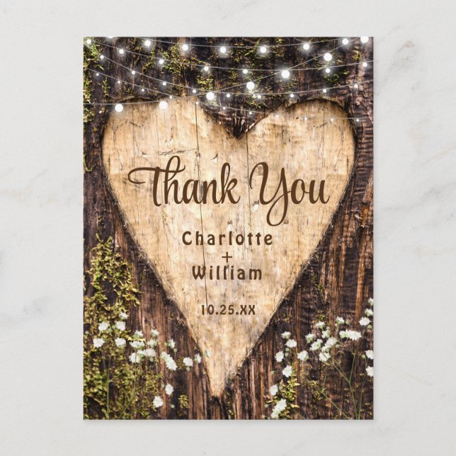 Wood Bark Heart Rustic Wedding Thank You Postcard (Front)