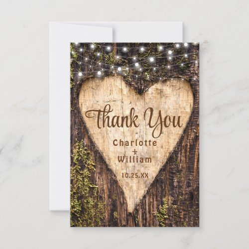 Wood Bark String Lights Heart Rustic Wedding Thank You Card