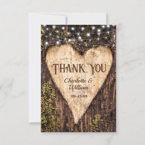 Wood Bark String Lights Heart Rustic Wedding Thank You Card