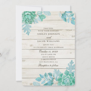 Wood barn succulent wedding. Mint cactus rustic Invitation