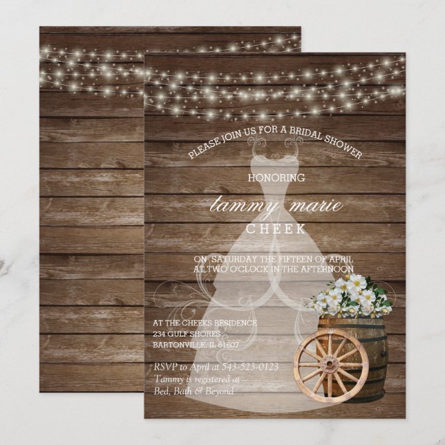 Wood Barrel Bridal Shower- White Spring  Floral Invitation (Front/Back)