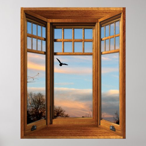 Wood Bay Window Illusion _ Flying Bird Poster