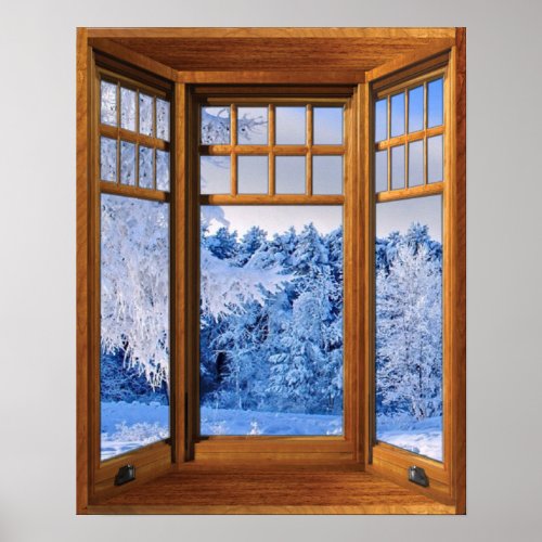 Wood Bay Window Illusion Fresh Snow Scenery Poster