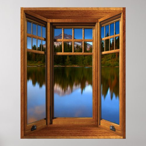 Wood Bay Window Illusion  Mountain Lake Reflection Poster