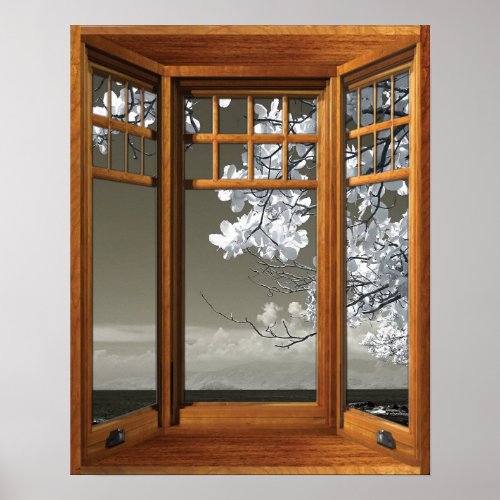 Wood Bay Window Illusion White Blossoms Poster