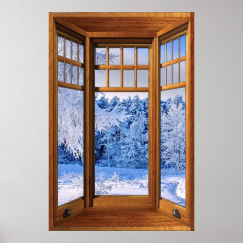 Wood Bay Window Illusion _ Winter Snow Poster