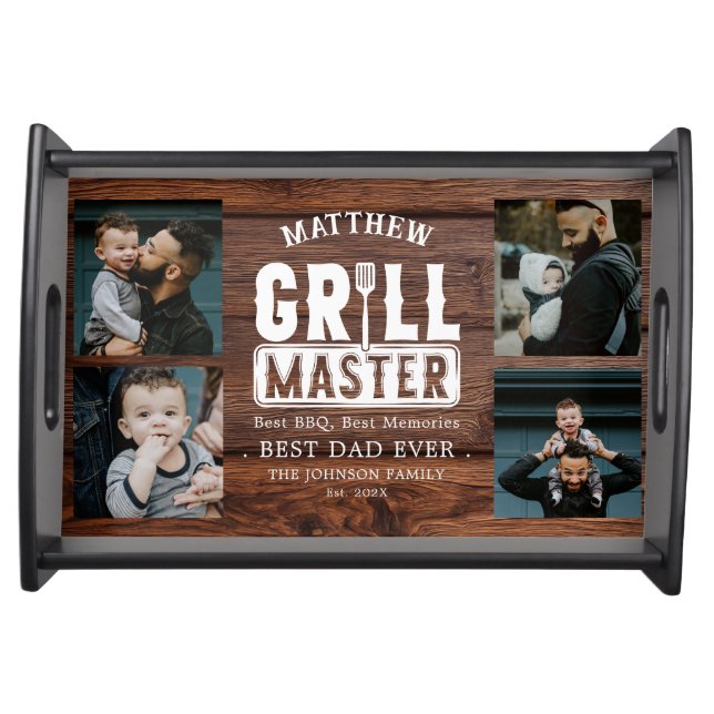 Wood BBQ Grill Master Best Dad Ever Photo  Serving Tray (Front)