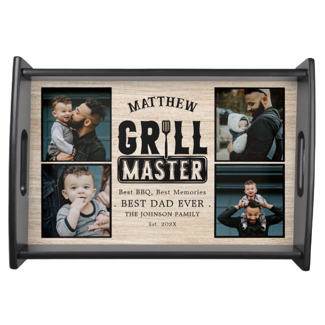 Wood BBQ Grill Master Best Dad Ever Photo  Serving Tray (Front)
