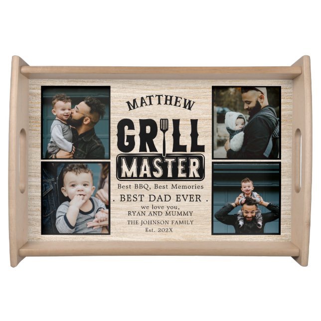 Wood BBQ Grill Master Best Dad Ever Photo  Serving Tray (Front)