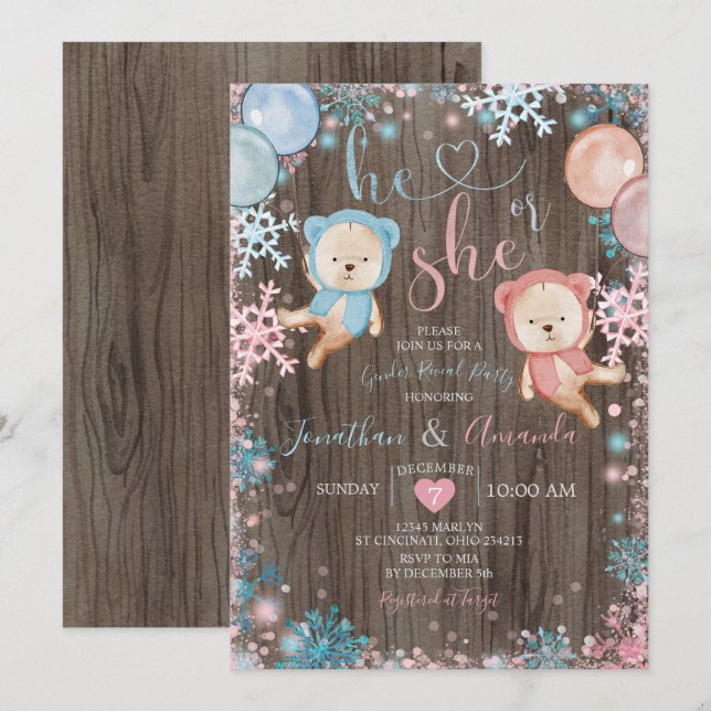 Wood Bear Gender Reveal He or She Snowflake  Invitation (Front/Back)