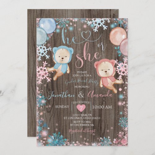 Wood Bear Gender Reveal He or She Snowflake  Invitation