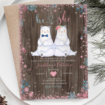 Wood Bear Gender Reveal He Or She Snowflakes Invitation by HappyPartyStudio at Zazzle