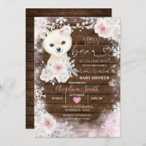 Wood Bear Pastel Pink Snowflake Baby Shower   Invitation