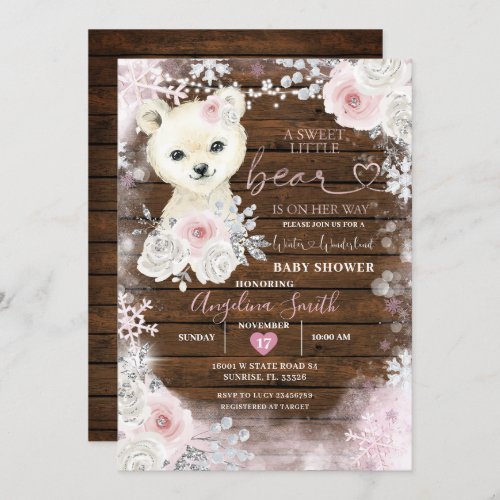 Wood Bear Pastel Pink Snowflake Baby Shower   Invitation