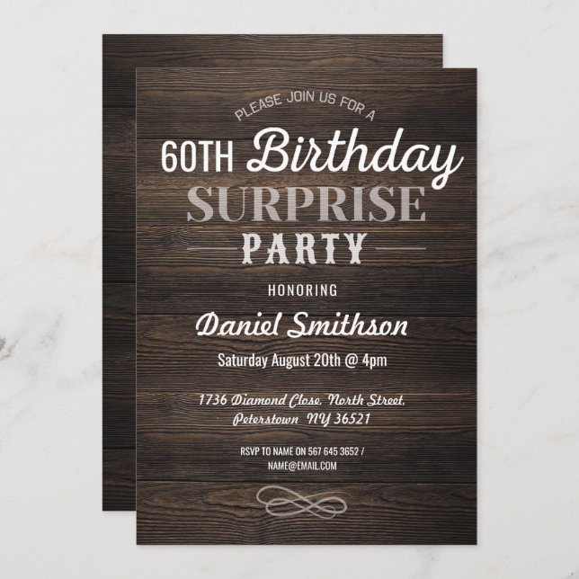 Wood Birthday Surprise Rustic Mens Womens Invite (Front/Back)