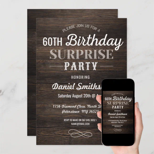 Wood Birthday Surprise Rustic Mens Womens Invite | Zazzle