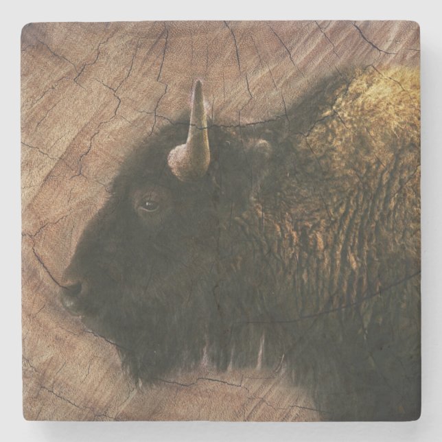 Wood Bison Buffalo Stone Coaster (Front)
