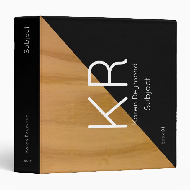 wood & black custom subject, monogram 3 ring binder (Front/Spine)