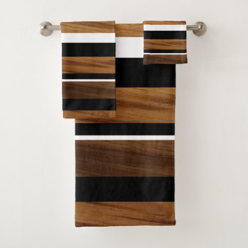 Wood Black White Stripes 1 Bath Towel Set