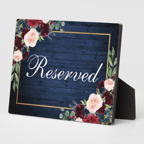 Wood Blue Burgundy Wedding Reserved 5x7 Table Plaque