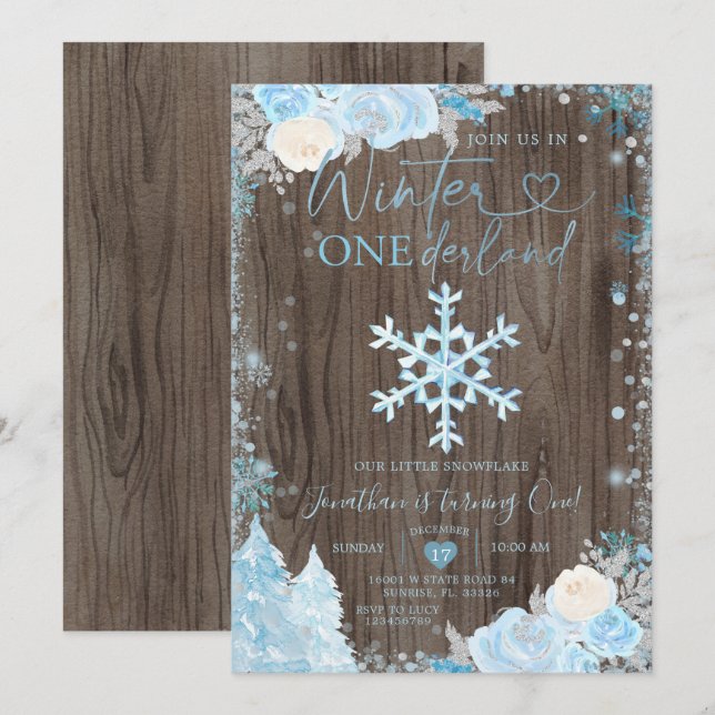 Wood Blue Winter Onederland Snowflake Birthday  Invitation (Front/Back)