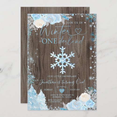 Wood Blue Winter Onederland Snowflake Birthday  Invitation