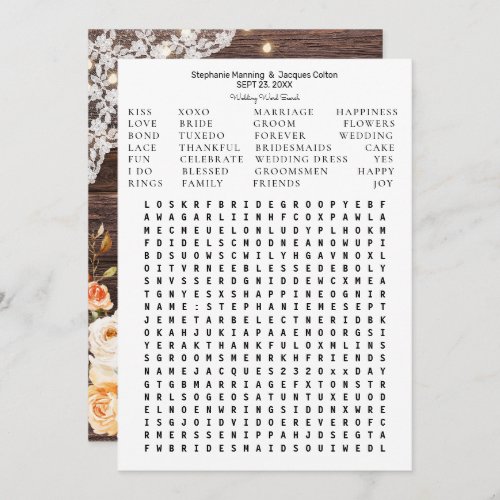 Wood Blush Peach Floral Save the Date Word Search Invitation