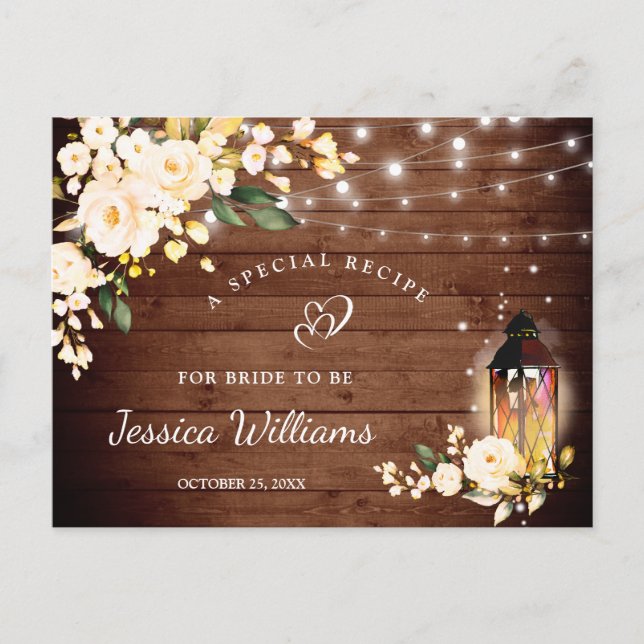 Wood Blush Roses Floral Bridal Shower Recipe Card (Front)