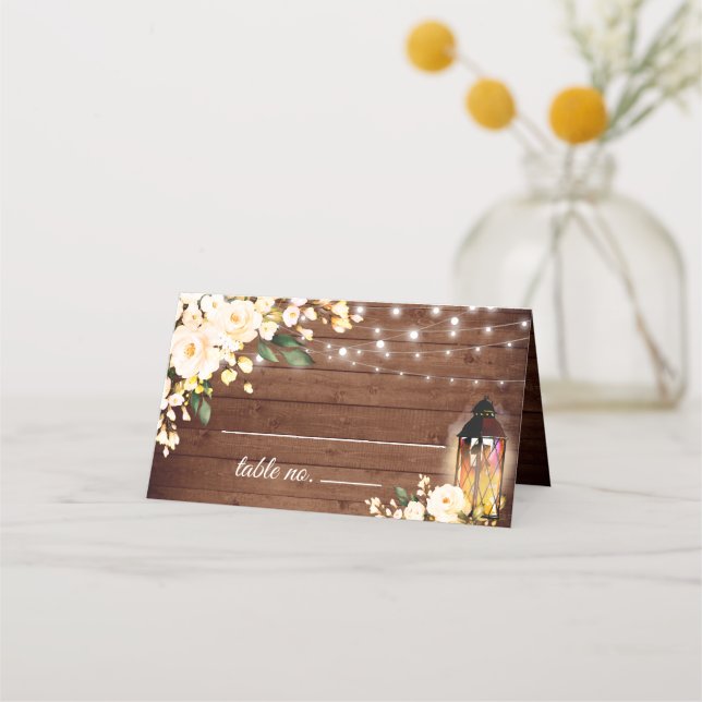 Wood & Blush Roses Floral Greenery Wedding Table Place Card (Front)