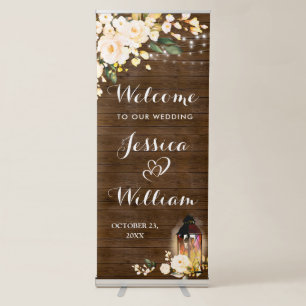 Wood Blush Roses Floral Greenery Wedding Welcome Retractable Banner