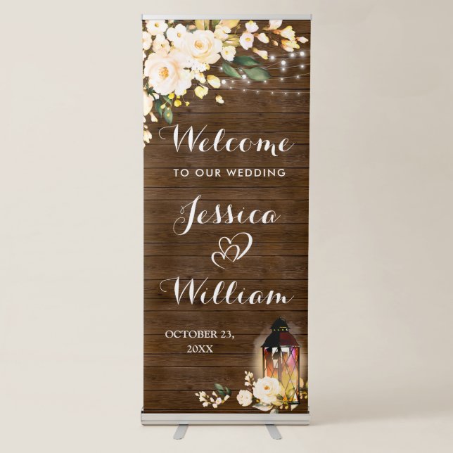 Wood Blush Roses Floral Greenery  Wedding Welcome Retractable Banner (Front)