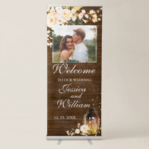 Wood & Blush Roses Floral PHOTO Wedding Welcome Retractable Banner