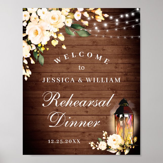 Wood & Blush Roses  Floral Rehearsal Dinner Sign (Front)
