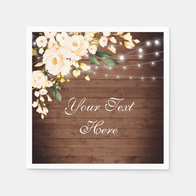 Wood & Blush Roses Greenery Rustic Wedding Paper Napkins (Front)