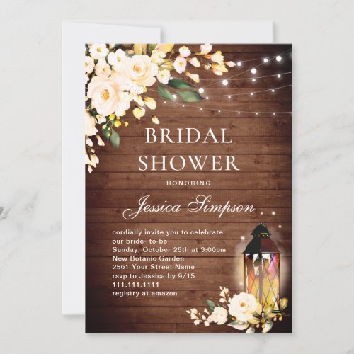 Wood  Blush Roses Lantern Bridal Shower Invitation