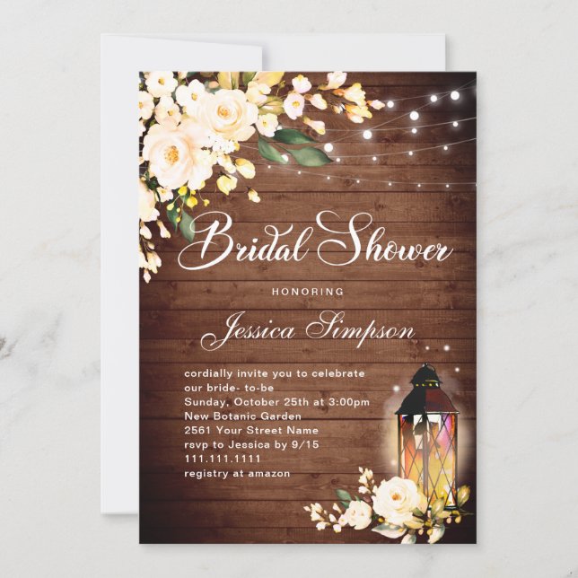 Wood & Blush Roses Lantern Bridal Shower Invitation (Front)