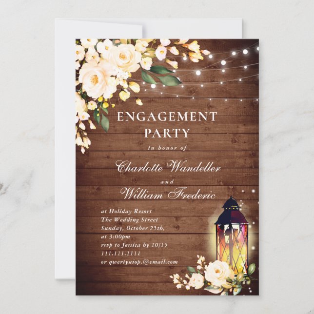 Wood Blush Roses & Lantern ENGAGEMENT PARTY Invitation (Front)