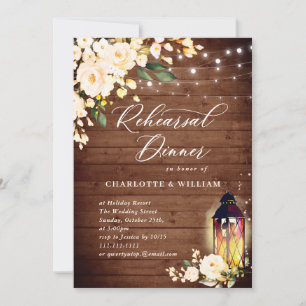 Wood Blush Roses & Lantern Rehearsal Dinner Invitation