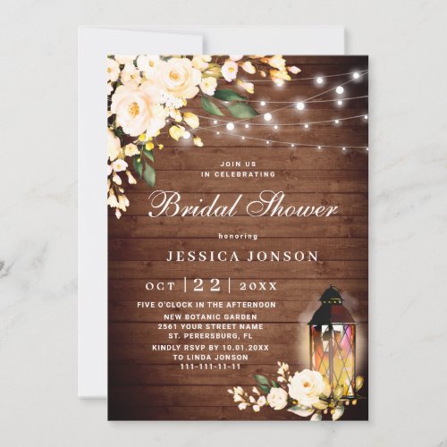 Wood Blush Roses Lantern Watercolor Bridal Shower Invitation