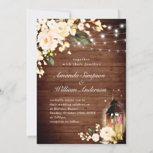 Wood & Blush Roses & Lantern Watercolor wedding Invitation