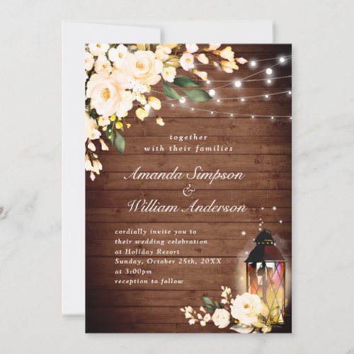 Wood  Blush Roses  Lantern Watercolor wedding Invitation