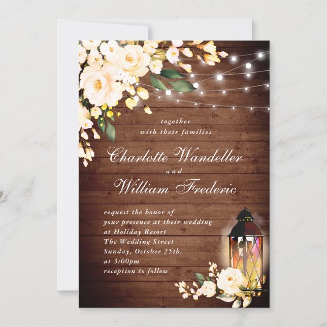 Wood & Blush Roses & Lantern Watercolor wedding Invitation (Front)