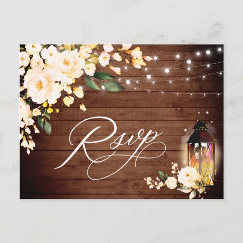 Wood  Blush Roses Wedding RSVP with Meal Choice Postcard