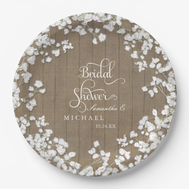 Wood Board Bridal Shower Decor Script Babys Breath Paper Plates (Front)