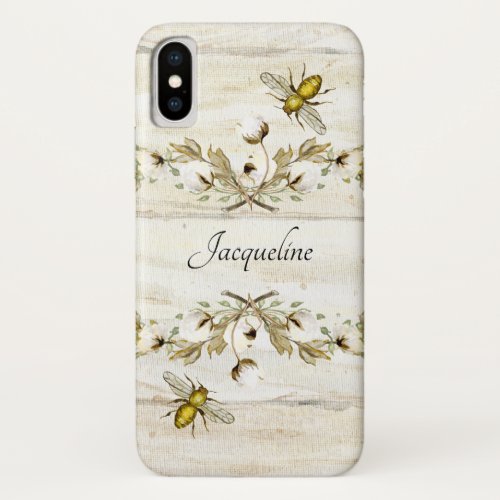 Wood Board Farmhouse Cotton Boll n Bees Watercolor iPhone X Case