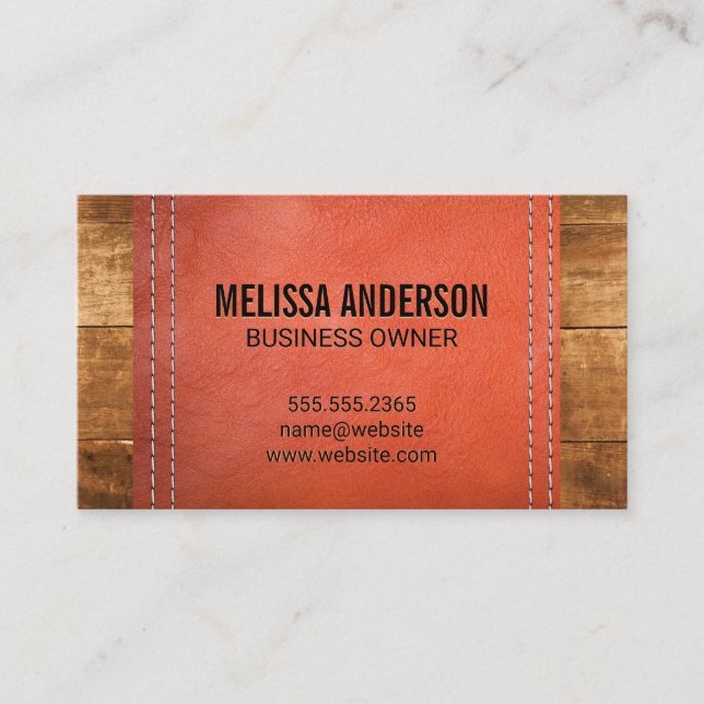 Wood Boards Double Stitched Leather Texture Business Card (Front)